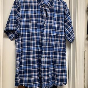Izod Navy and White Plaid Button Down short sleeve Shirt